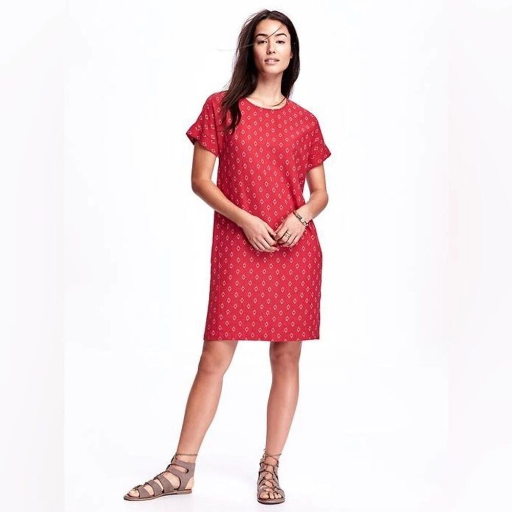 Old Navy Linen Blend A Line Dress Size Small Short Sleeves Keyhole Red White NWT
